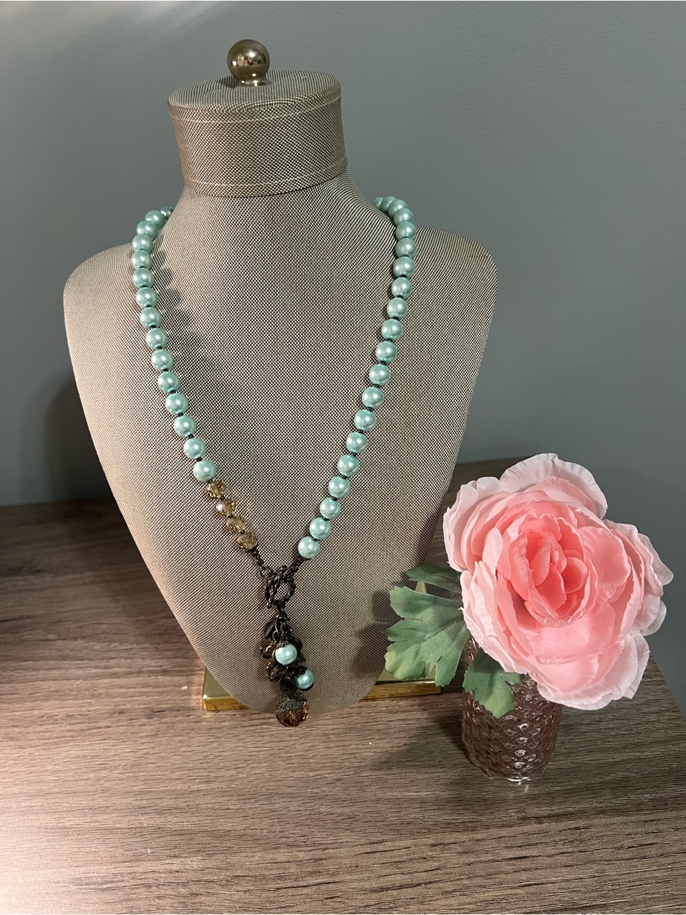PLUNDER DESIGN Elegant Mint Pearl Strand Necklace with Antique Brass Accents